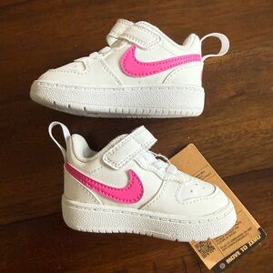 Nike Infant Baby Toddler White Sneakers with Hot Pink Swoosh - Velcro Strap